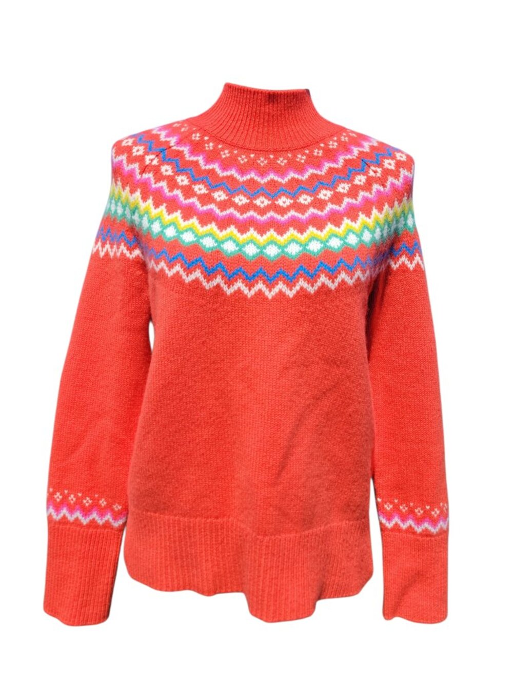 Boden Red Orange Fair Isle "Anna" Cashmere Mock Neck Sweater Women's Size 6